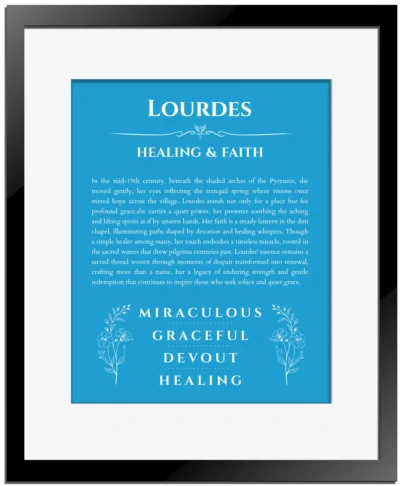Lourdes personalized name print with origin and traits in blue with black matte frame