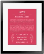 Love personalized name print with origin and traits in red with black matte frame
