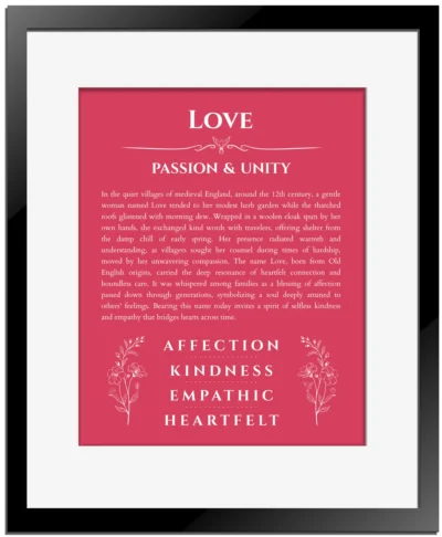 Love personalized name print with origin and traits in red with black matte frame