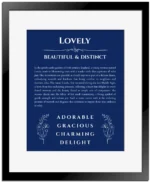 Lovely custom name art showing meaning and origin in deep blue with black matte frame
