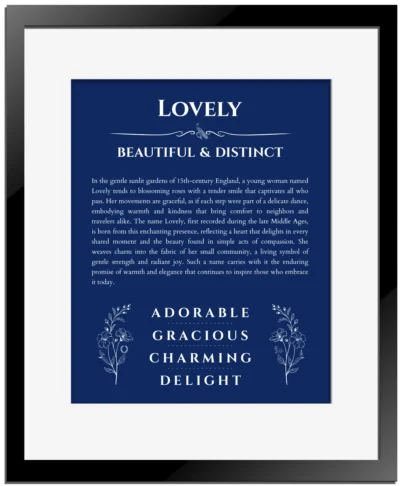 Lovely custom name art showing meaning and origin in deep blue with black matte frame