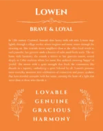 Lowen name origin print with meaning and traits in orange