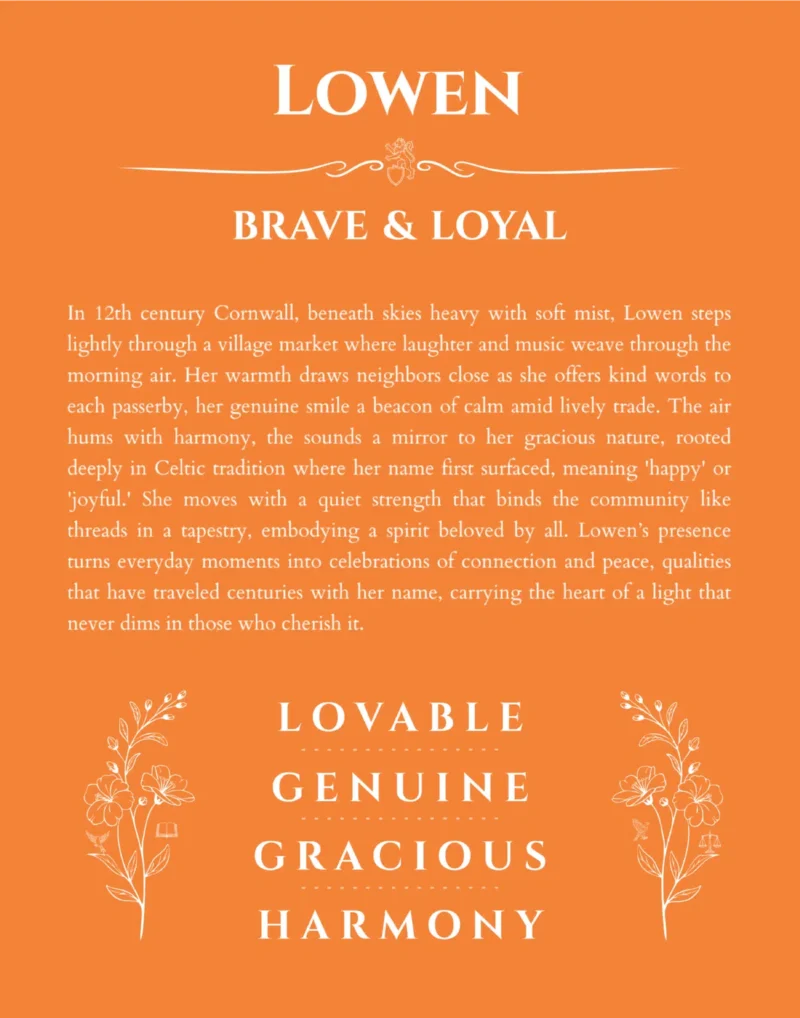 Lowen name origin print with meaning and traits in orange