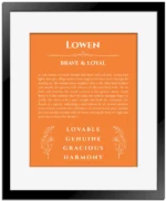 Lowen name origin print with meaning and traits in orange with black matte frame