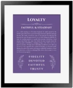 Loyalty custom name art showing meaning and origin in purple with black matte frame