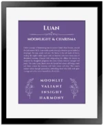 Luan personalized name print with origin and traits in purple with black matte frame