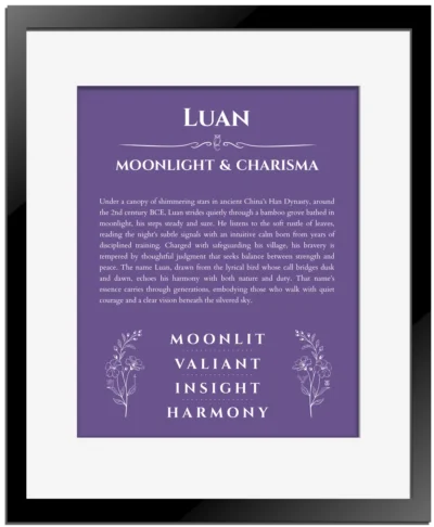 Luan personalized name print with origin and traits in purple with black matte frame