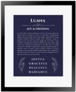 Luana personalized name print with origin and traits in navy blue with black matte frame