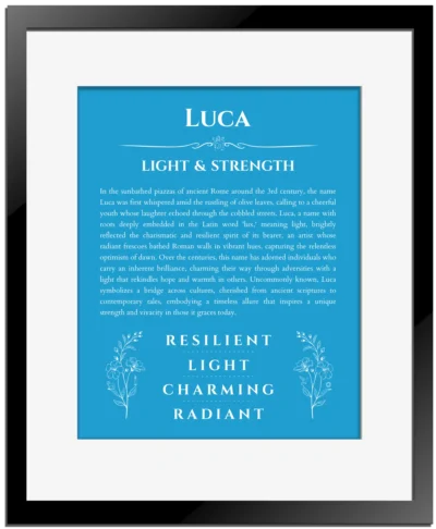 Luca name meaning wall art by Get Your Story in blue with black matte frame