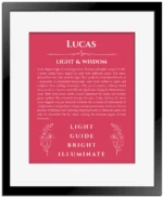 Lucas custom name print for wall display in red with black matte frame