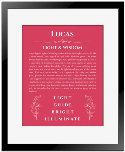 Lucas custom name print for wall display in red with black matte frame