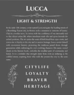 Lucca personalized name art with origin story in gray