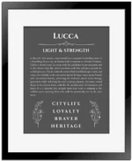 Lucca personalized name art with origin story in gray with black matte frame