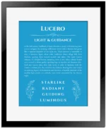 Lucero custom name print for wall display in blue with black matte frame