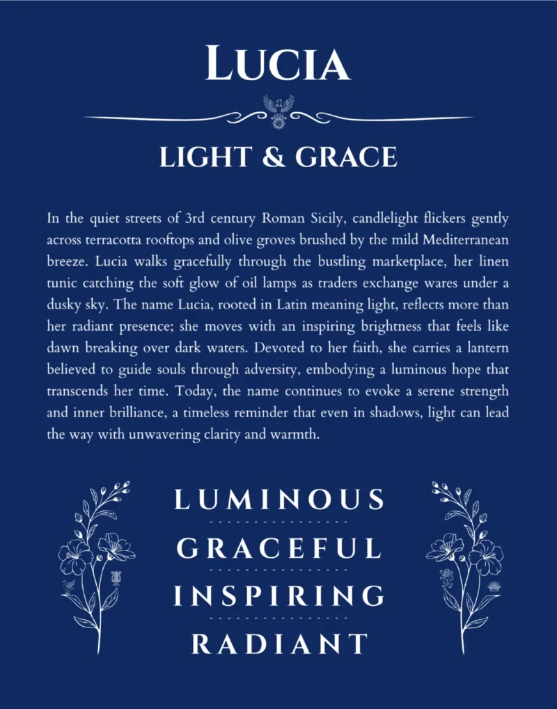 Lucia custom name art showing meaning and origin in deep blue