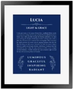 Lucia custom name art showing meaning and origin in deep blue with black matte frame