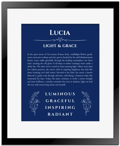 Lucia custom name art showing meaning and origin in deep blue with black matte frame
