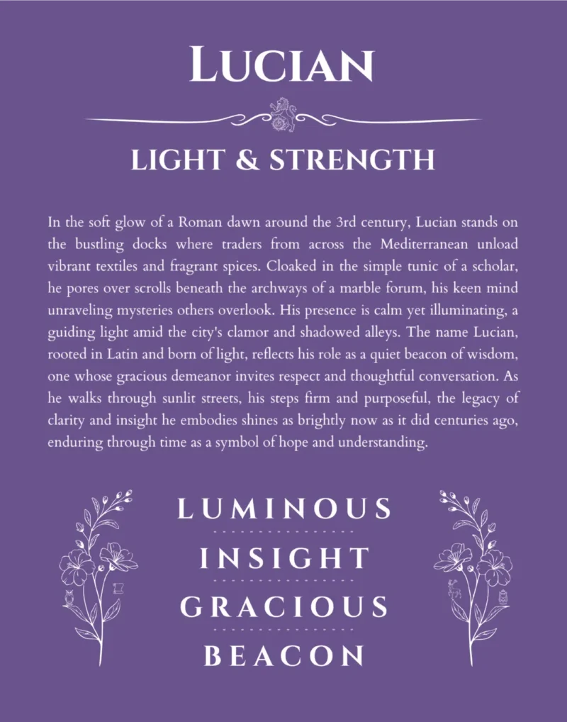 Lucian name origin print with meaning and traits in purple