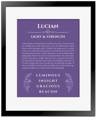 Lucian name origin print with meaning and traits in purple with black matte frame