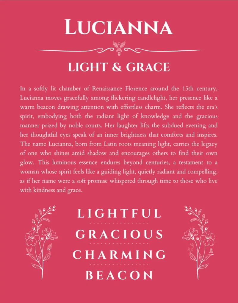 Lucianna personalized name print with origin and traits in red