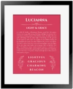 Lucianna personalized name print with origin and traits in red with black matte frame