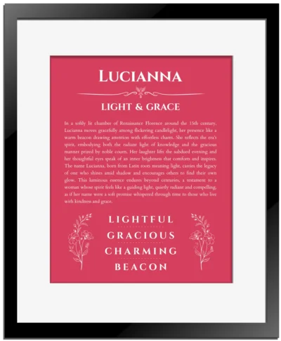 Lucianna personalized name print with origin and traits in red with black matte frame