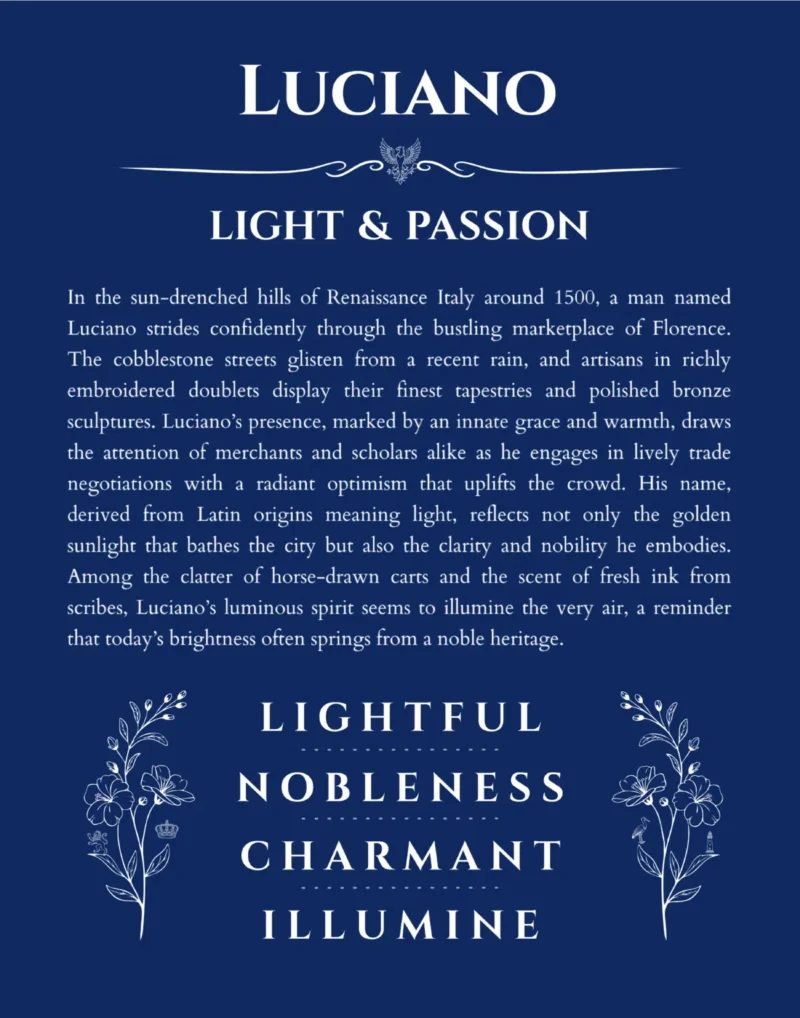Luciano name origin print with meaning and traits in deep blue