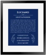 Luciano name origin print with meaning and traits in deep blue with black matte frame