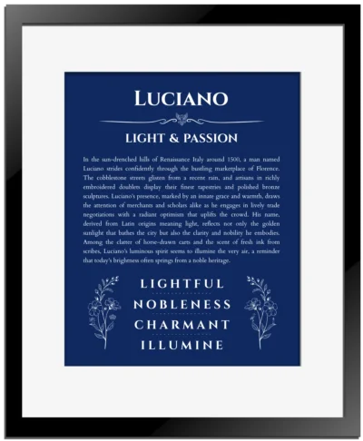 Luciano name origin print with meaning and traits in deep blue with black matte frame