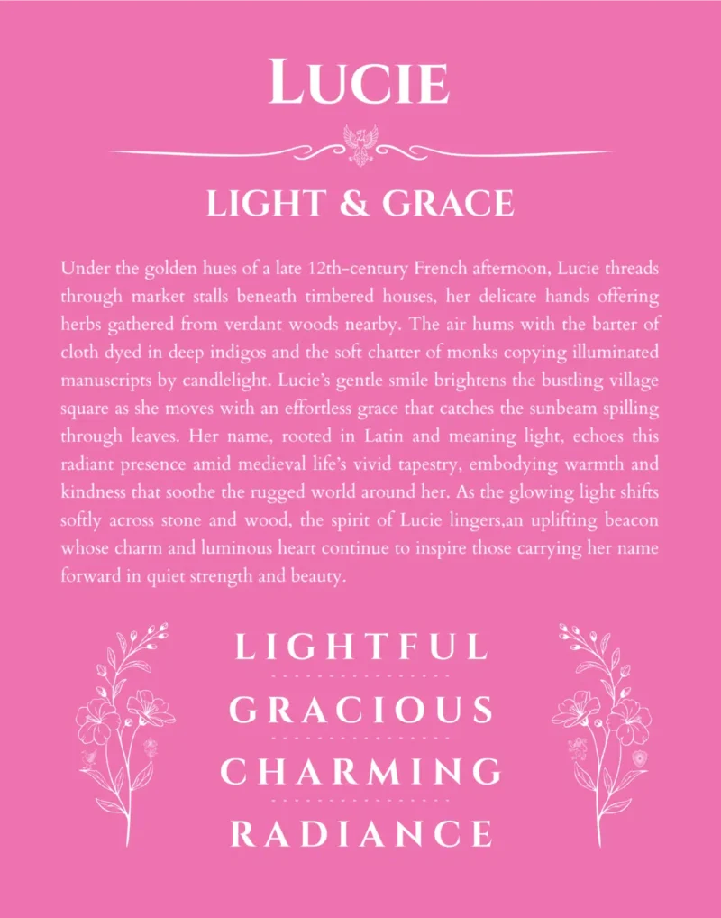 Lucie personalized name art with origin story in pink
