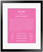 Lucie personalized name art with origin story in pink with black matte frame