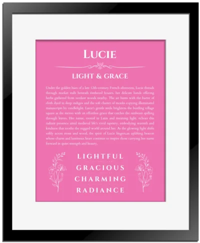 Lucie personalized name art with origin story in pink with black matte frame