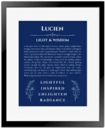 Lucien personalized wall art with the story of your name in deep blue with black matte frame