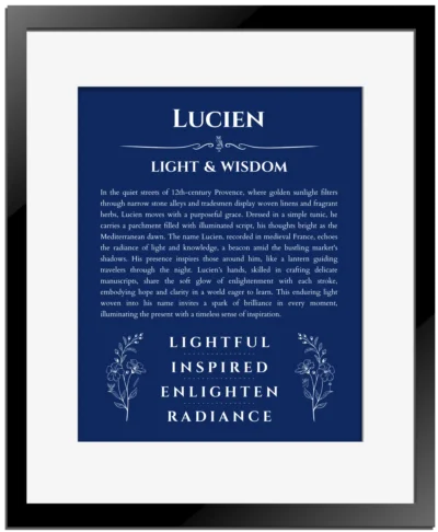 Lucien personalized wall art with the story of your name in deep blue with black matte frame