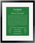 Lucifer personalized name art with origin story in dark green with black matte frame