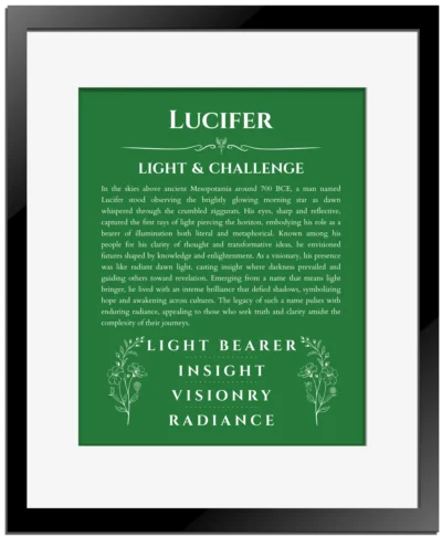 Lucifer personalized name art with origin story in dark green with black matte frame