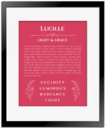 Lucille personalized name art with origin story in red with black matte frame
