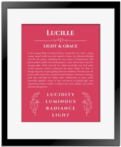 Lucille personalized name art with origin story in red with black matte frame