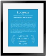 Lucinda custom name print for wall display in blue with black matte frame