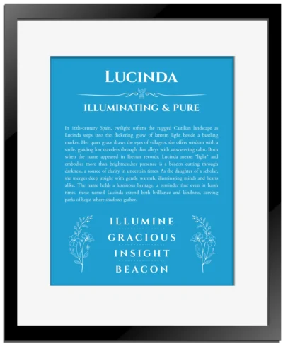 Lucinda custom name print for wall display in blue with black matte frame