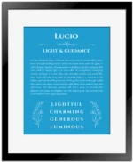 Lucio name meaning gift print in blue with black matte frame