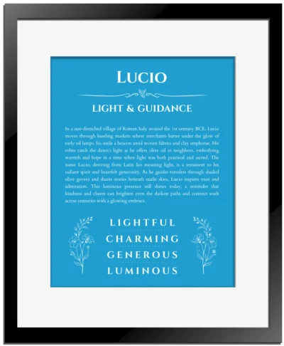Lucio name meaning gift print in blue with black matte frame