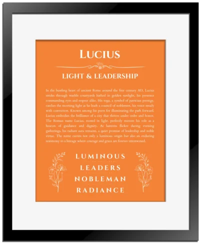 Lucius custom name print for wall display in orange with black matte frame