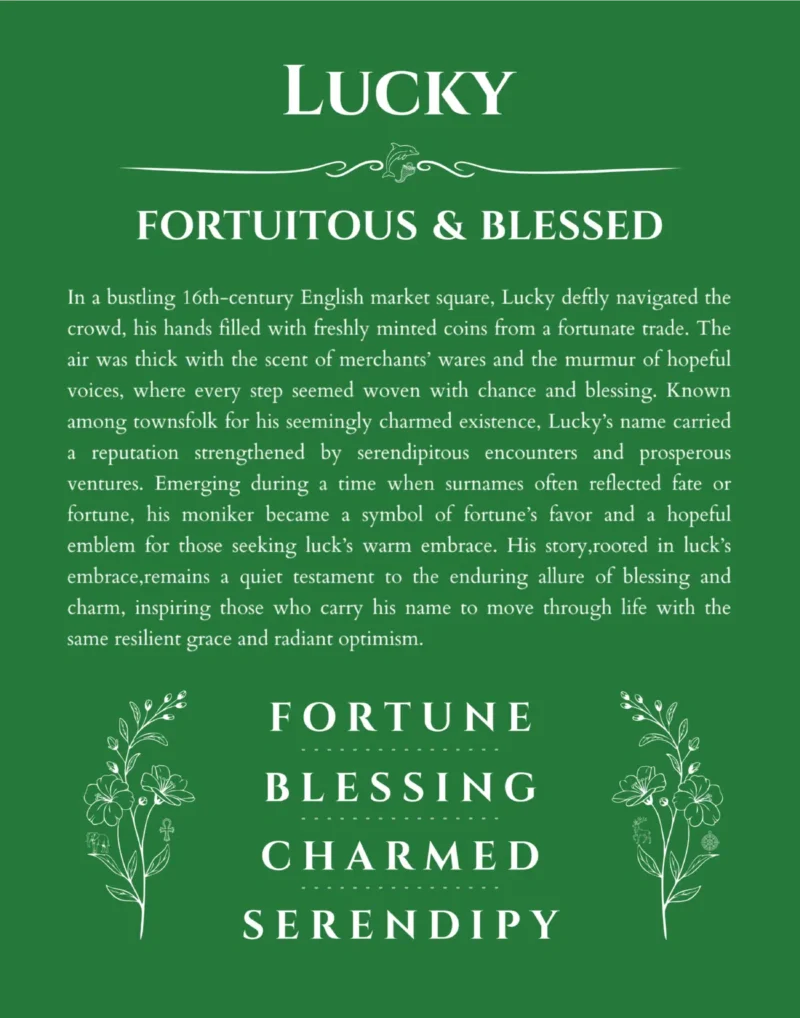 Lucky personalized wall art with the story of your name in dark green