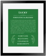 Lucky personalized wall art with the story of your name in dark green with black matte frame