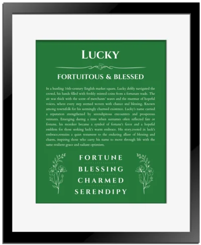 Lucky personalized wall art with the story of your name in dark green with black matte frame