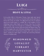Luigi personalized wall art with the story of your name in purple