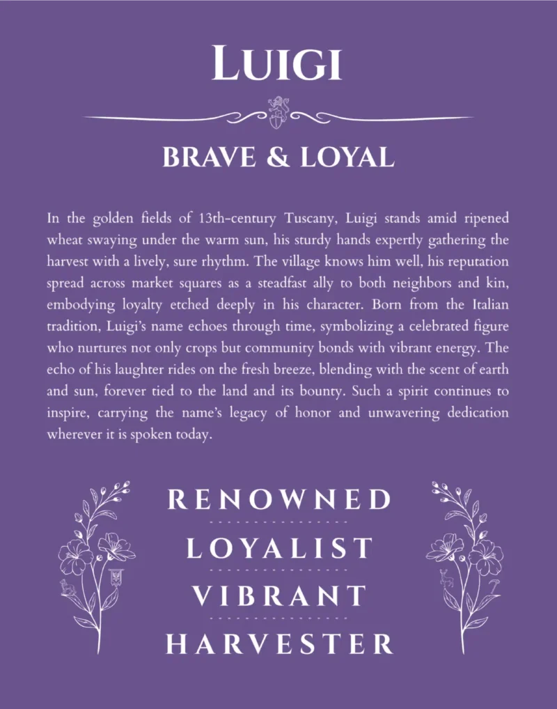 Luigi personalized wall art with the story of your name in purple