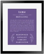 Luigi personalized wall art with the story of your name in purple with black matte frame