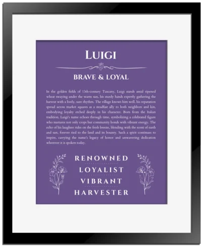 Luigi personalized wall art with the story of your name in purple with black matte frame